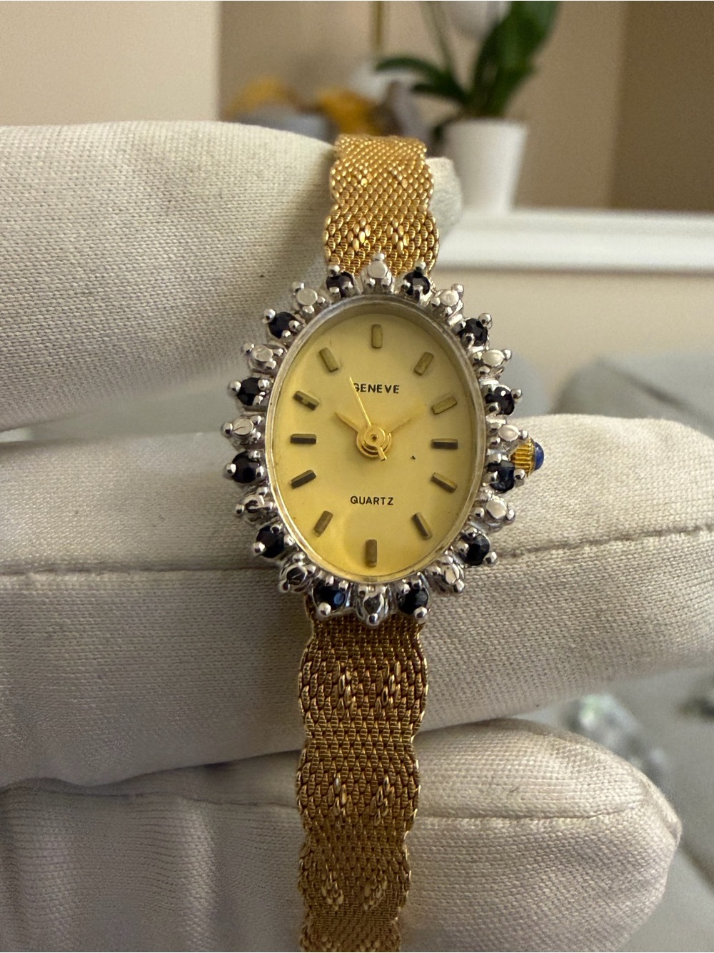 Vintage Geneve Ladies Quartz Watch - Sapphire Blue Halo Bezel, Woven Mesh Band